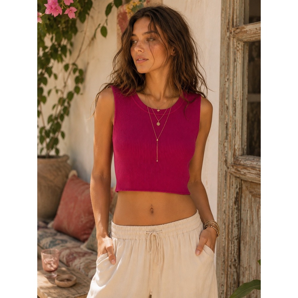 House of Harlow 1960 Magenta Pink Ribbed Knit Sleeveless Crop Top Medium